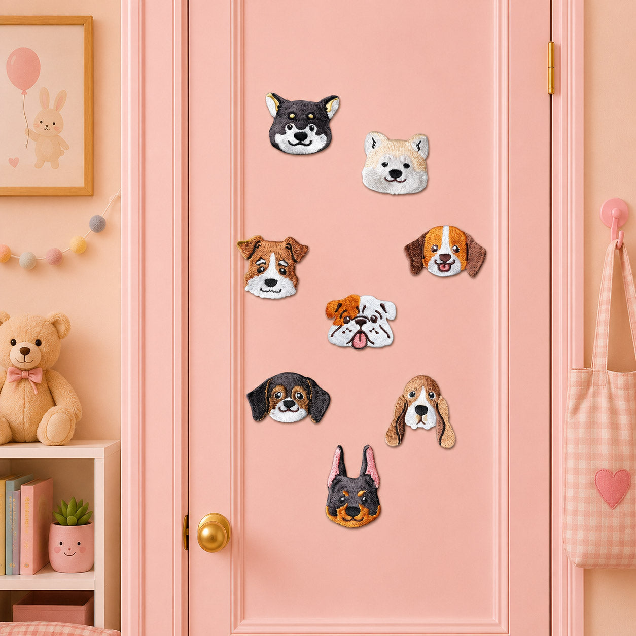 realistic fluffy puppy face patches including black husky white arctic fox jack russell bulldog licking tongue basset hound and doberman stick-on patches on a pink door in a pastel room