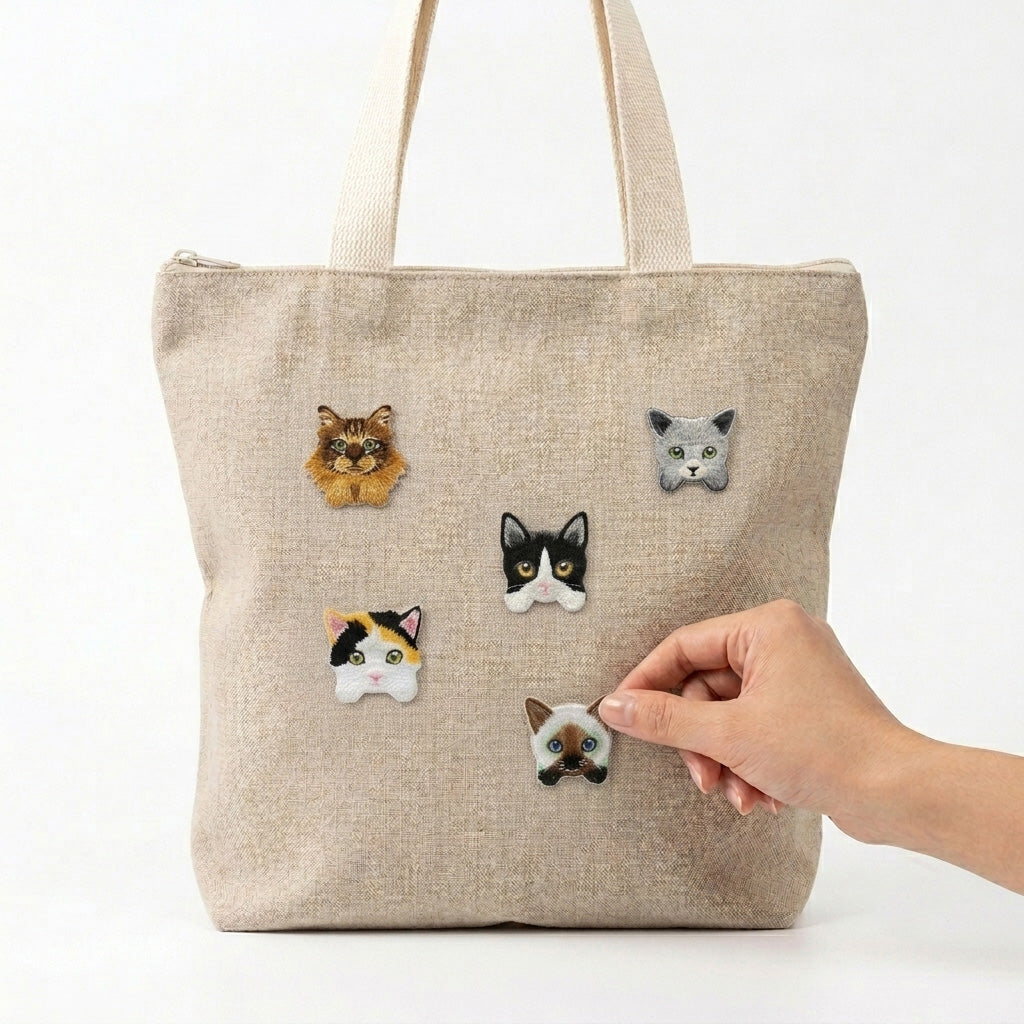 realistic cat breed embroidered patches being applied to a natural linen tote bag