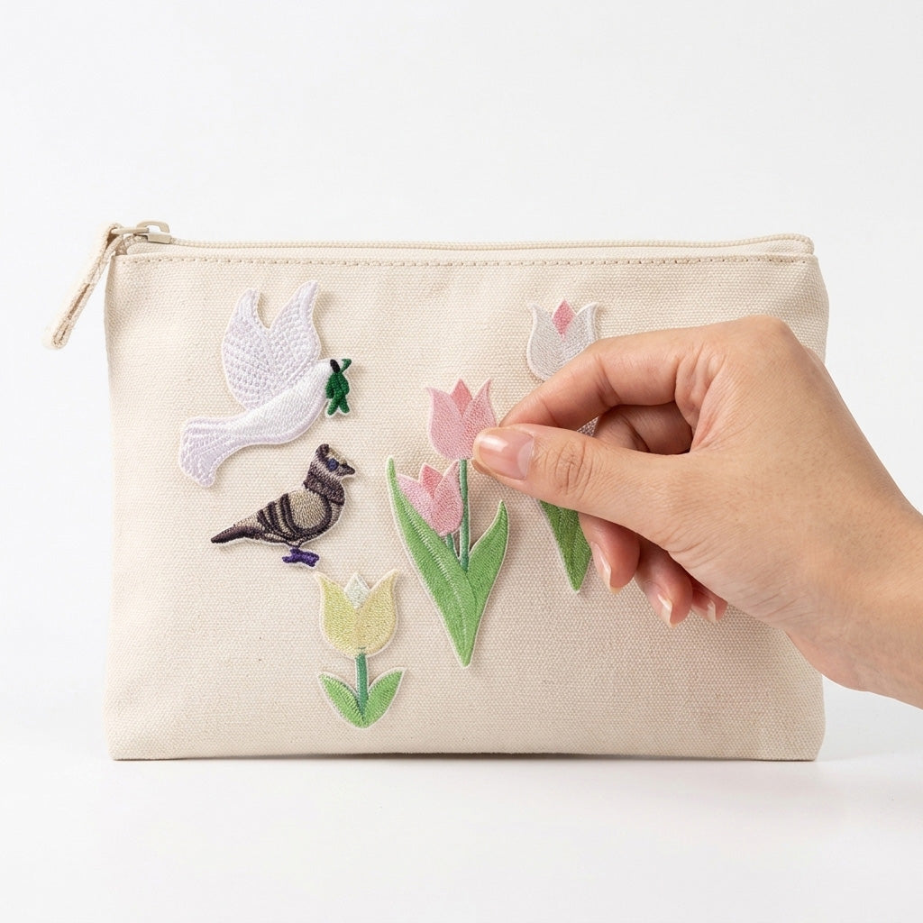 elegant tulip flower stick-on embroidered patch on white canvas makeup bag