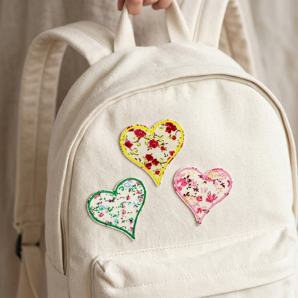 vintage ditsy floral heart stick-on embroidered patch on backpack