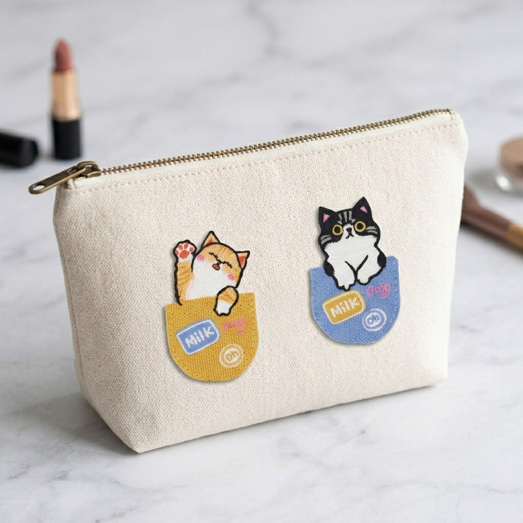 cute kawaii cat in pocket stick-on embroidered patch on canvas makeup bag