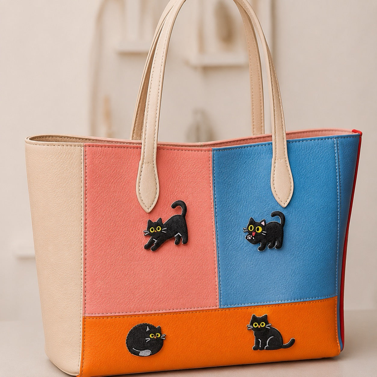 black cat expressions embroidered stick-on patch on canvas tote bag