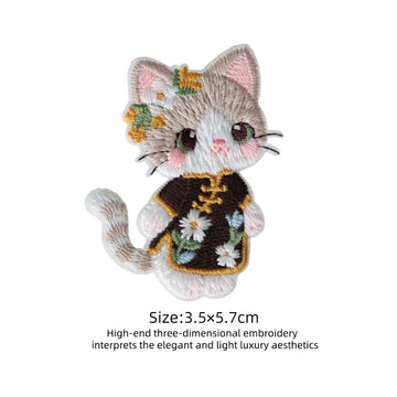 black floral cheongsam calico cat 3D embroidered stick-on patch
