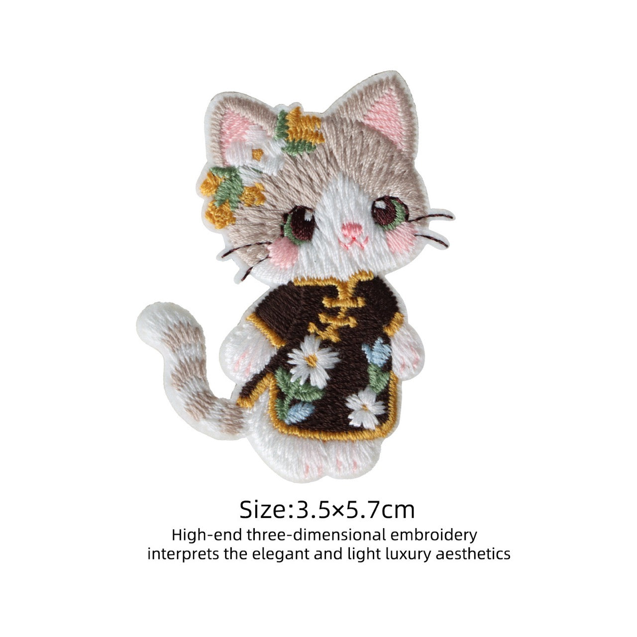 black floral cheongsam calico cat 3D embroidered stick-on patch