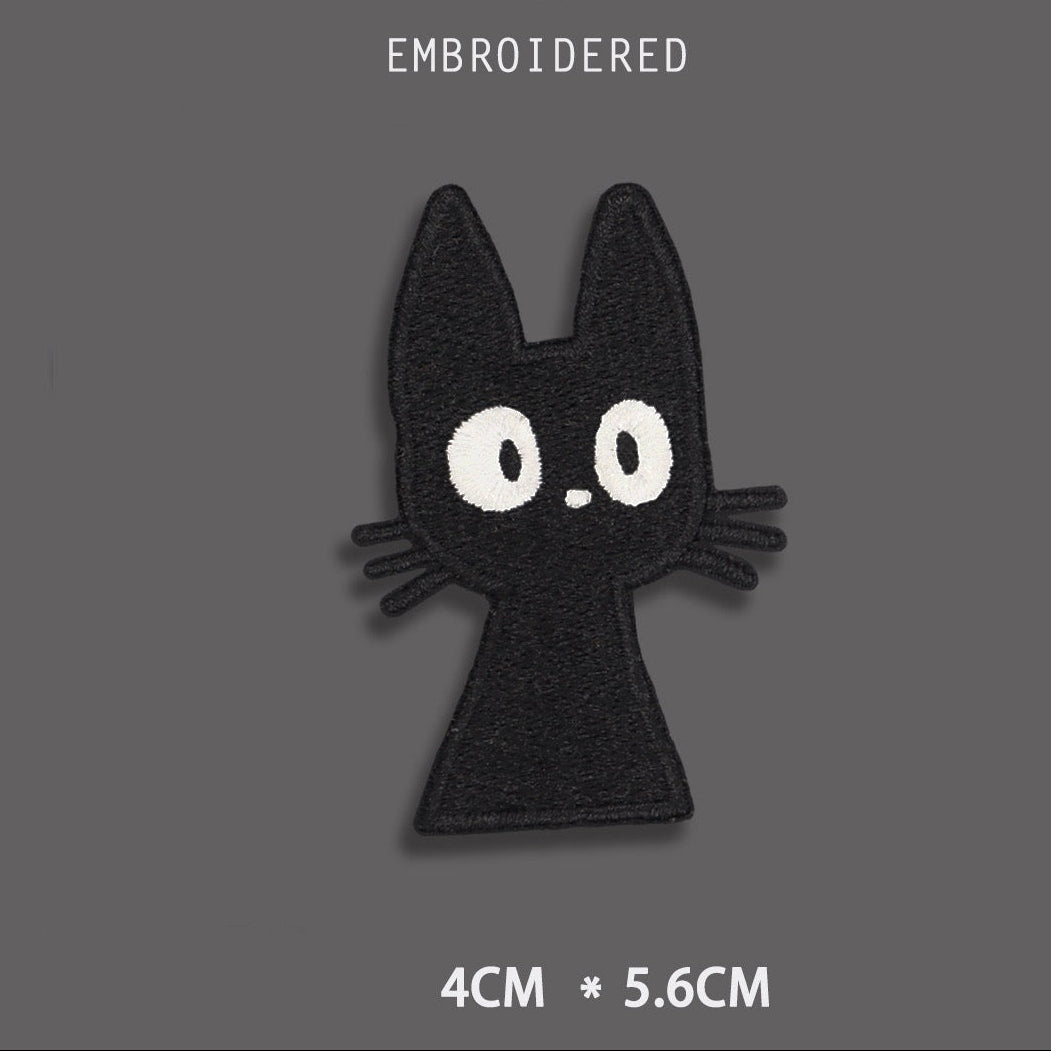 startled black cat embroidered stick-on patch