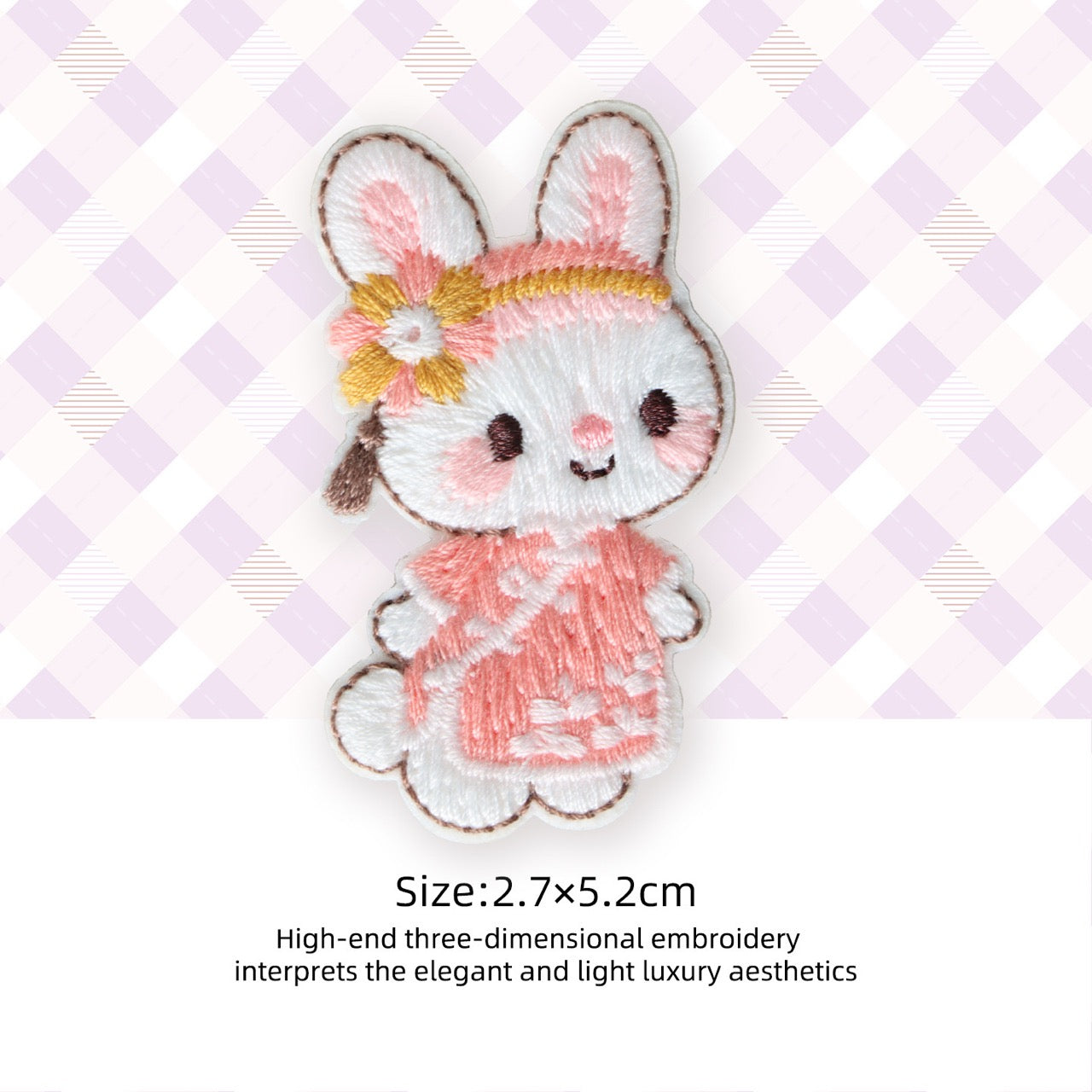 pink qipao bunny with floral hair accessory embroidered stick-on patch