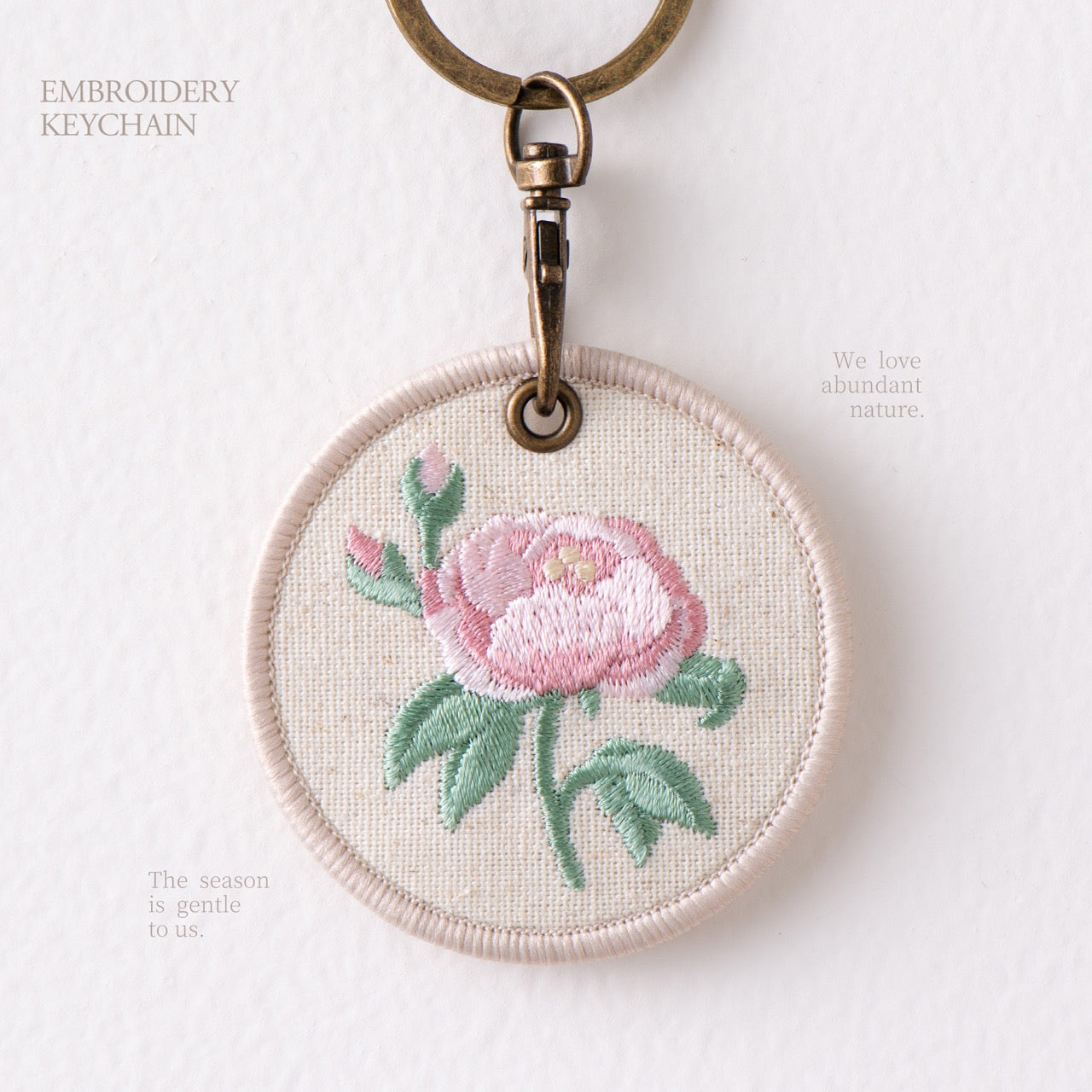 peony botanical double-sided embroidered keychain charm