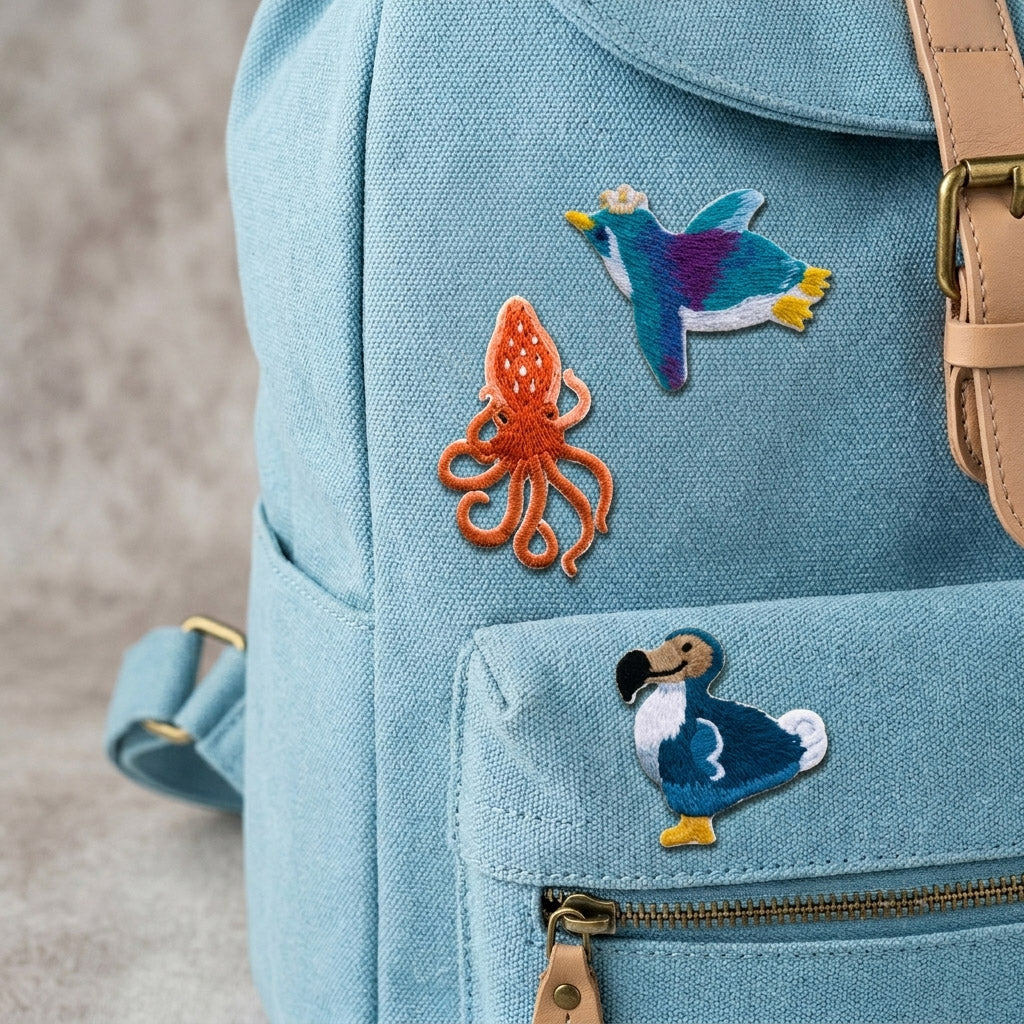 octopus, hummingbird, and dodo bird embroidered patches on a light blue canvas backpack