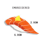 salmon nigiri embroidered stick-on patch with orange fish and white rice base