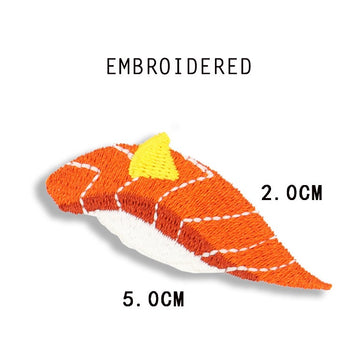 salmon nigiri embroidered stick-on patch with orange fish and white rice base