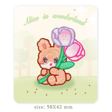 bunny with giant tulips alice rabbit embroidered stick-on patch