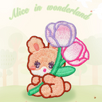 bunny with giant tulips embroidered patch close-up detail