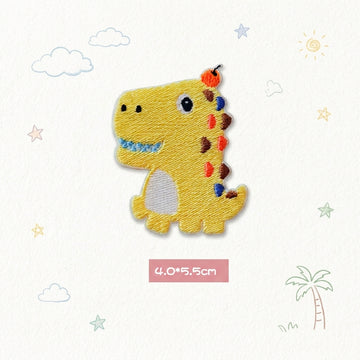 yellow T-Rex kawaii embroidered stick-on patch — round yellow tyrannosaurus with blue teeth orange-red spines white belly standing upright