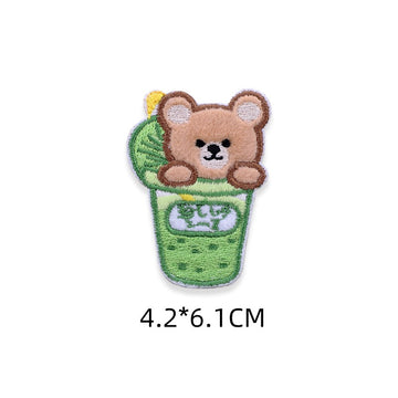 moody brown bear matcha latte bubble tea kawaii embroidered stick-on patch