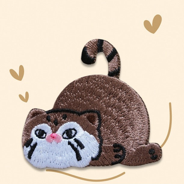 grumpy chunky brown cat manul embroidered stick-on patches collection