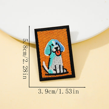 mottled blue ear puppy retro pop art embroidered stick-on patch on orange background