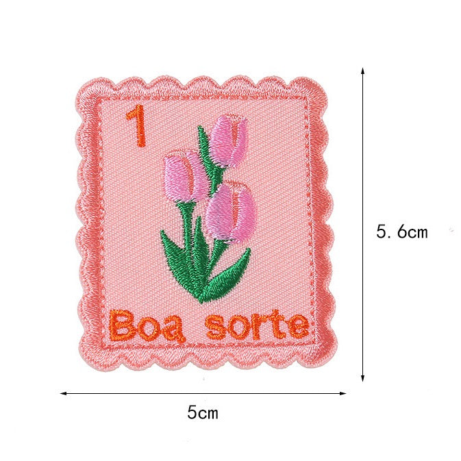 pink tulips boa sorte floral postage stamp embroidered stick-on patch