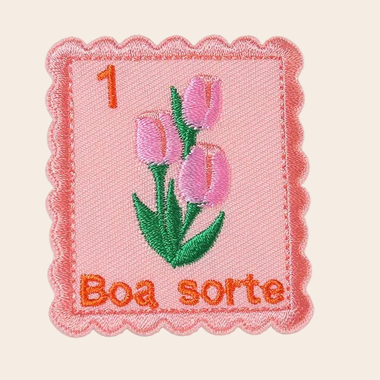 pink tulips postage stamp embroidered patch close-up detail