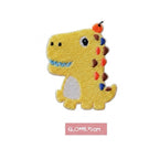 yellow T-Rex kawaii embroidered stick-on patch — round yellow tyrannosaurus with blue teeth orange-red spines white belly standing upright
