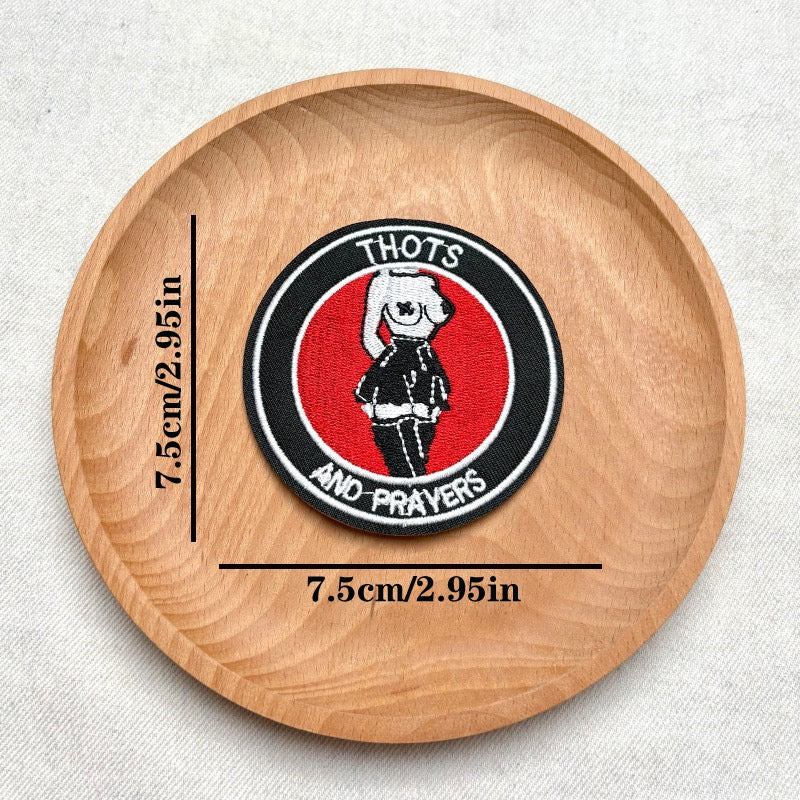 thots and prayers embroidered stick-on patch size reference — approximately 75mm diameter