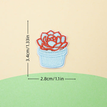 blue pot red succulent embroidered stick-on patch — deep red rosette in blue pot