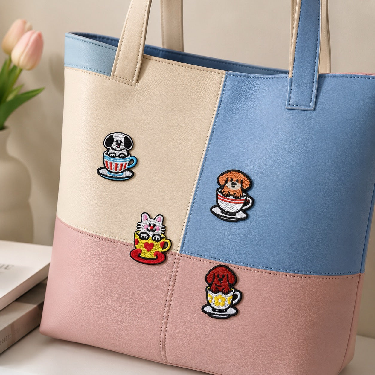 teacup dog embroidered stick-on patch on canvas tote bag