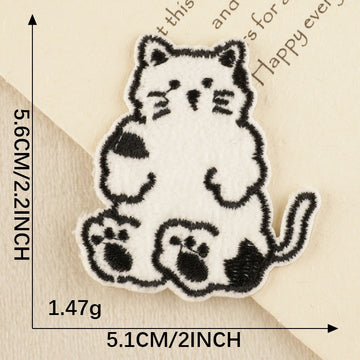 sitting chubby kawaii black and white cat embroidered stick-on patch