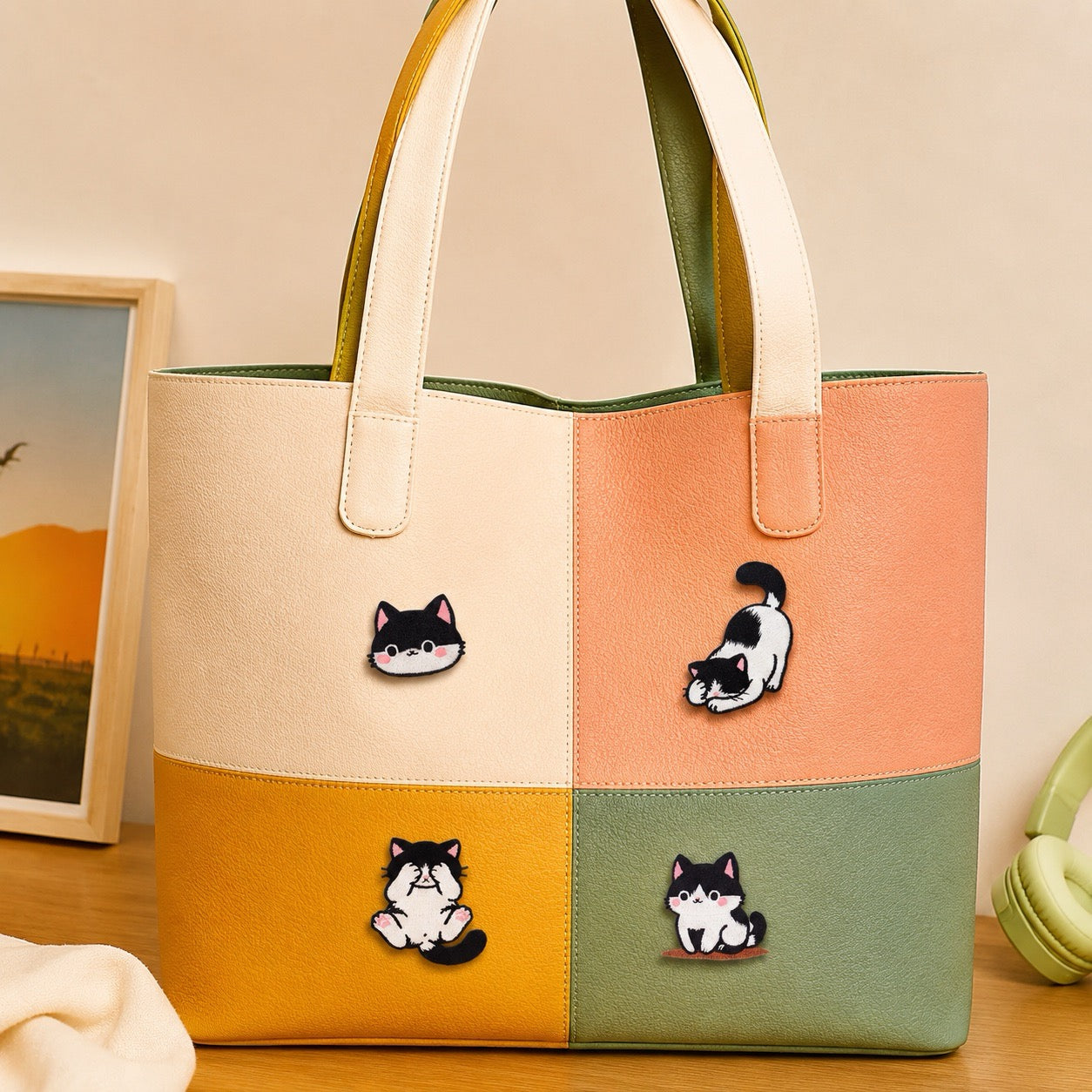 tuxedo cat embroidered stick-on patches on canvas tote bag