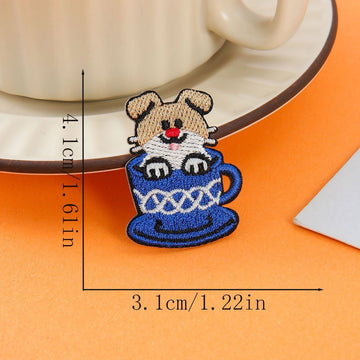 brown dog in blue striped cup embroidered stick-on patch