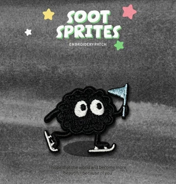 soot sprite ice skating with blue flag embroidered stick-on patch