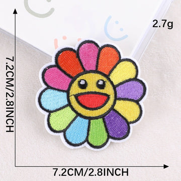 multicolor rainbow smiley flower large embroidered stick-on patch