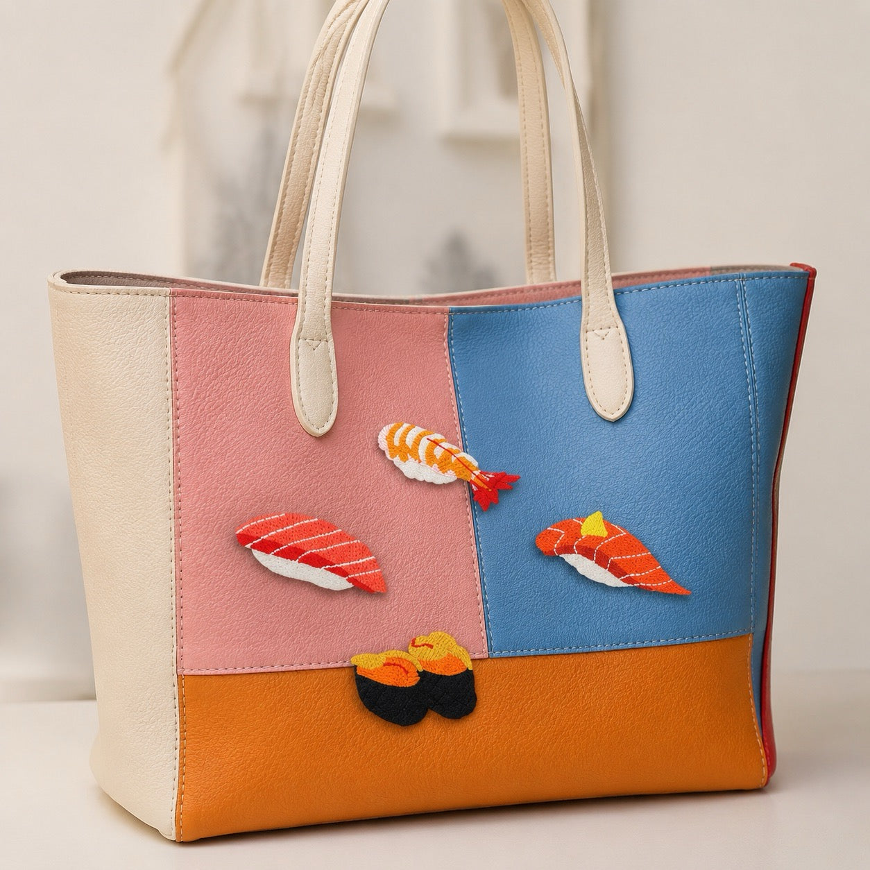 japanese sushi embroidered stick-on patches on canvas tote bag