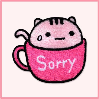 sorry pink teacup cat kawaii embroidered stick-on patch