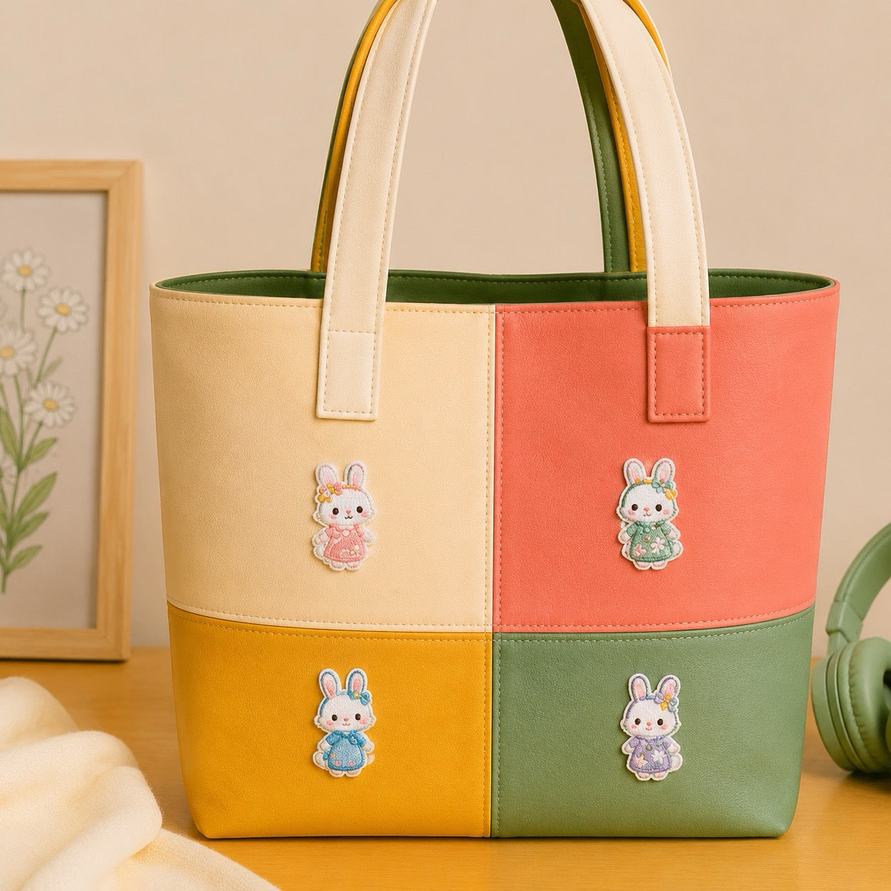 traditional dress bunny embroidered stick-on patches on canvas tote bag