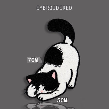 stretching tuxedo cat with tail up embroidered stick-on patch