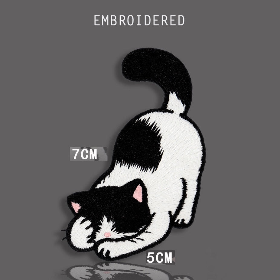 stretching tuxedo cat with tail up embroidered stick-on patch