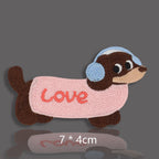 pink LOVE sweater dachshund with blue earmuffs embroidered stick-on patch