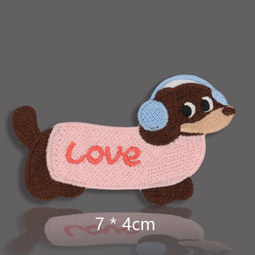 pink LOVE sweater dachshund with blue earmuffs embroidered stick-on patch