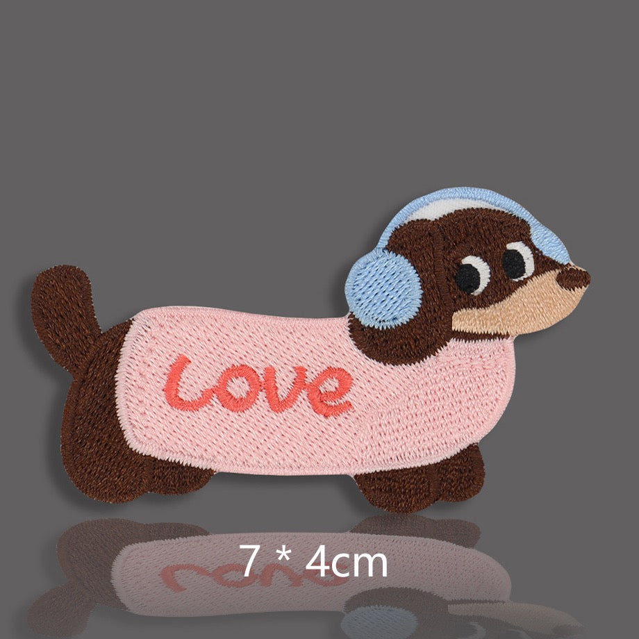 pink LOVE sweater dachshund with blue earmuffs embroidered stick-on patch