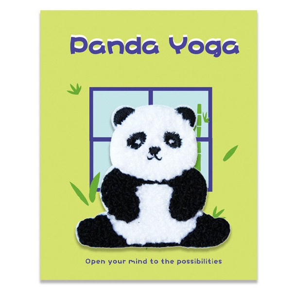 Seated panda yoga embroidered stick-on patch displayed on a lime green card
