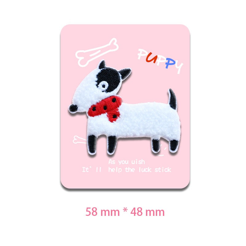 Bull terrier embroidered stick-on patch with a black eye patch and red dotted bandana
