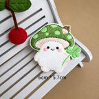 spring clover mushroom baby embroidered stick-on patch — green spotted cap holding clover with white flower