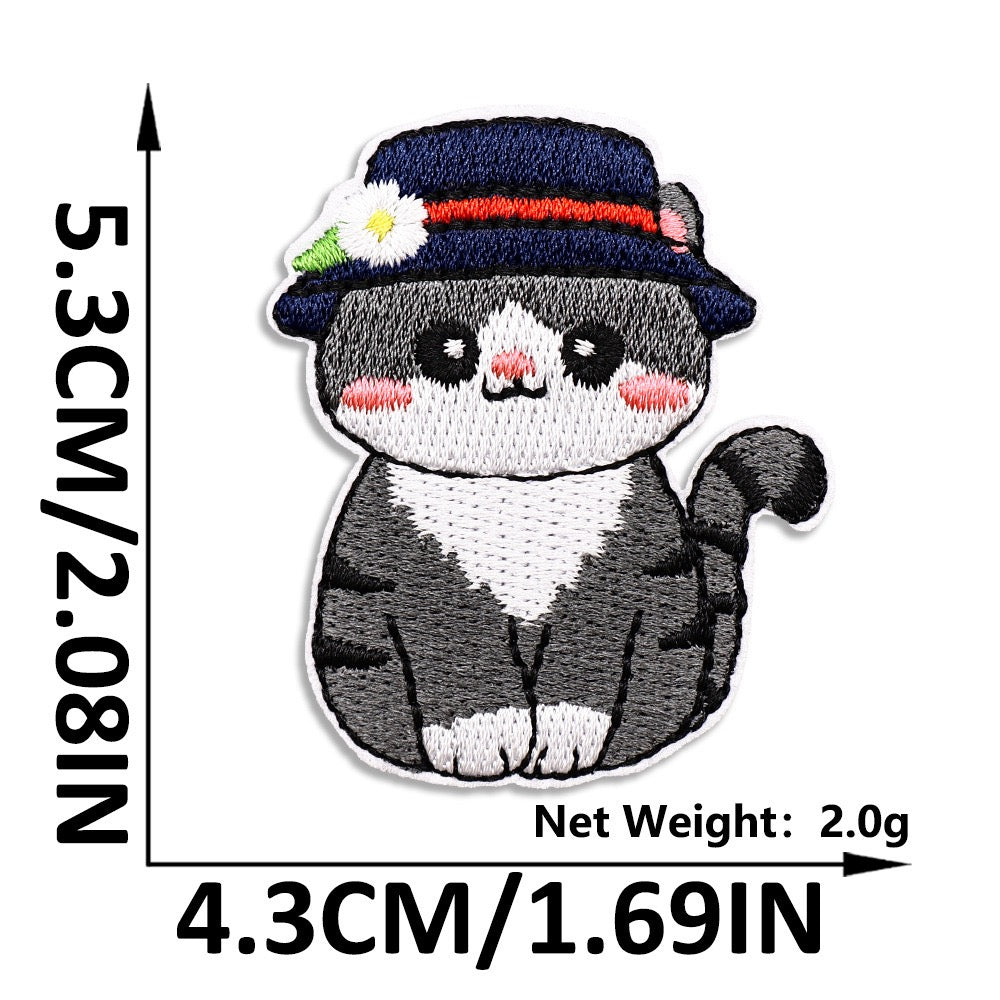 tuxedo cat in navy sun hat embroidered stick-on patch