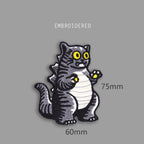 cat godzilla embroidered patch size reference showing 60 by 75mm dimensions