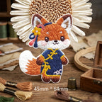 fox in navy blue cheongsam with yellow floral tassel kawaii chinoiserie embroidered stick-on patch