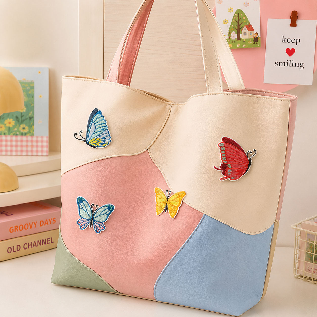 blue red yellow and teal realistic butterfly stick-on patches scattered on a pink and cream wave color-block leather handbag