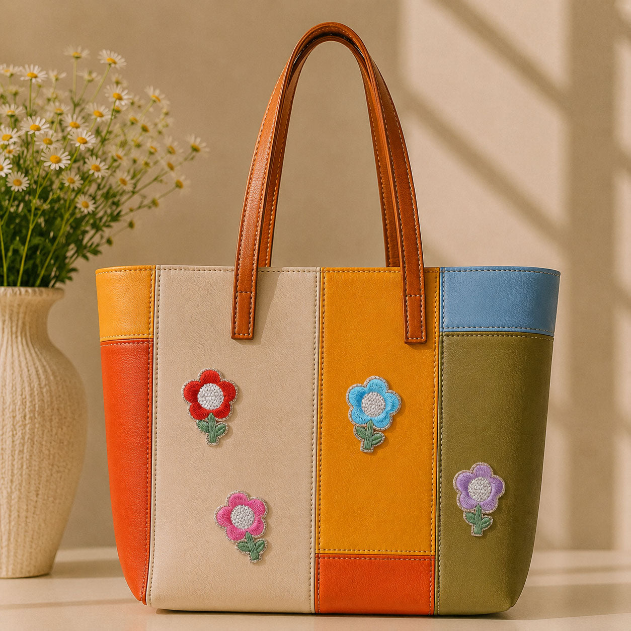 red pink blue and purple daisy flower with white bead center stick-on patches decorating a multicolor stripe leather handbag