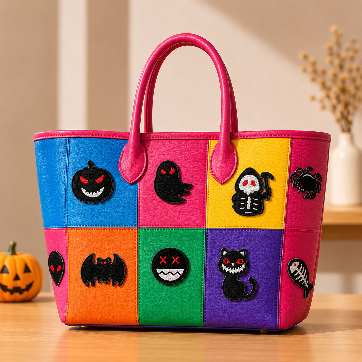 cute spooky halloween stick-on patches with ghost pumpkin and bat on a vibrant color-block leather handbag