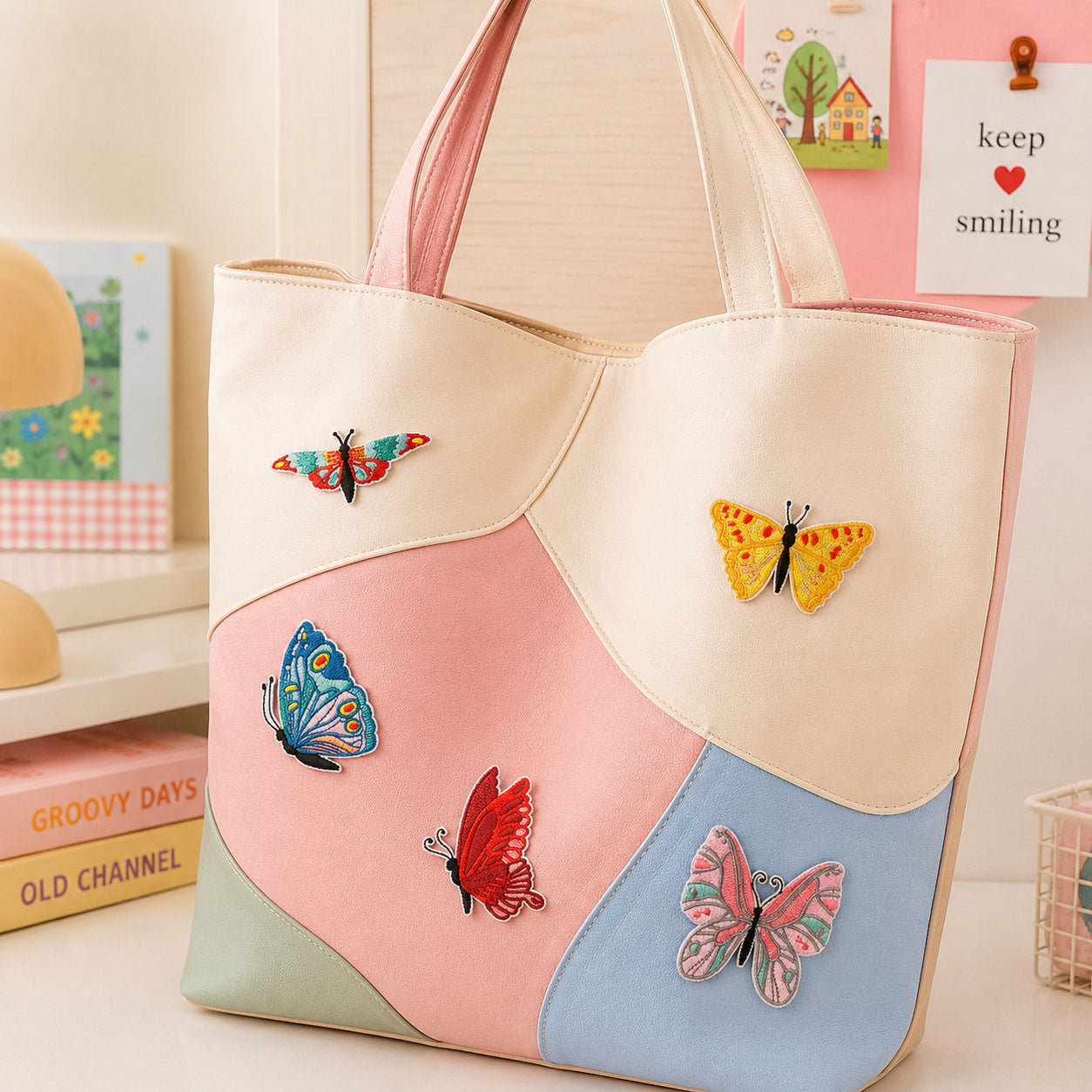 colorful pink red blue and yellow realistic butterfly stick-on patches scattered on a pink and cream wave color-block leather handbag