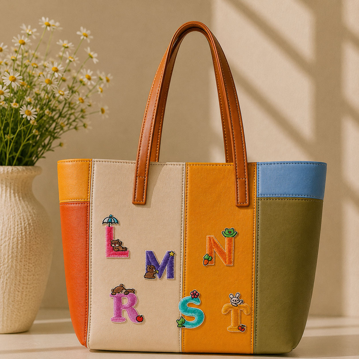 cute bear bunny frog and rabbit letter patches L M N R S T with umbrella star and fruit decorating a bold multicolor leather handbag